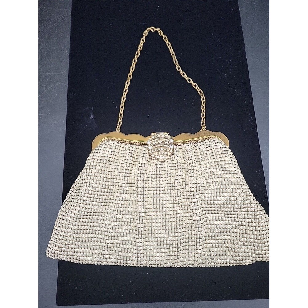 Vintage Whiting & Davis Beaded Purse Chain Gold Cream Bridal Wedding USA Clutch